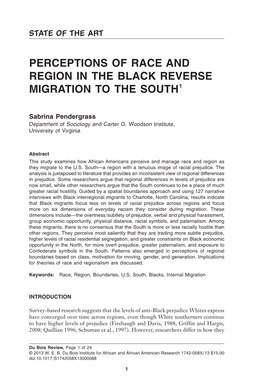 Perceptions of Race and Region in the Black Reverse Migration to the South1