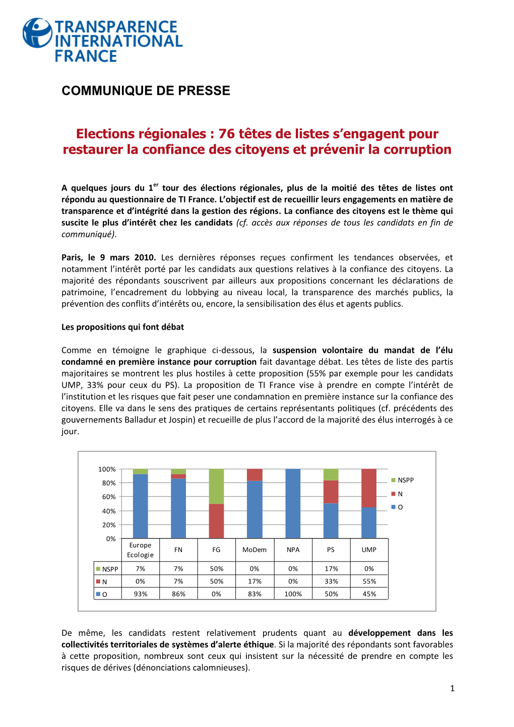 COMMUNIQUE DE PRESSE Elections Régionales