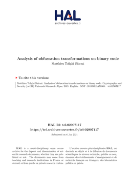 Analysis of Obfuscation Transformations on Binary Code Matthieu Tofighi Shirazi