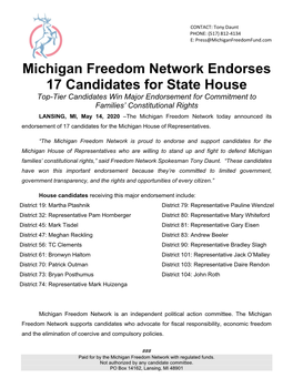 Michigan Freedom Network Endorses 17 Candidates for State House Top-Tier Candidates Win Major Endorsement for Commitment to Families’ Constitutional Rights