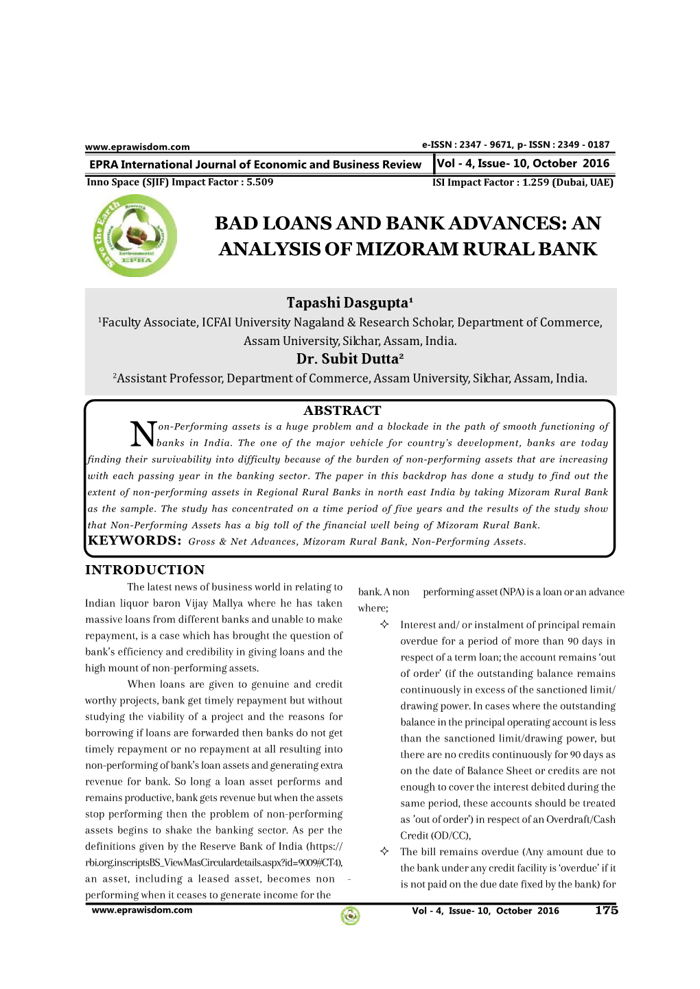 Bad Loans and Bank Advances: an Analysis of Mizoram Rural Bank