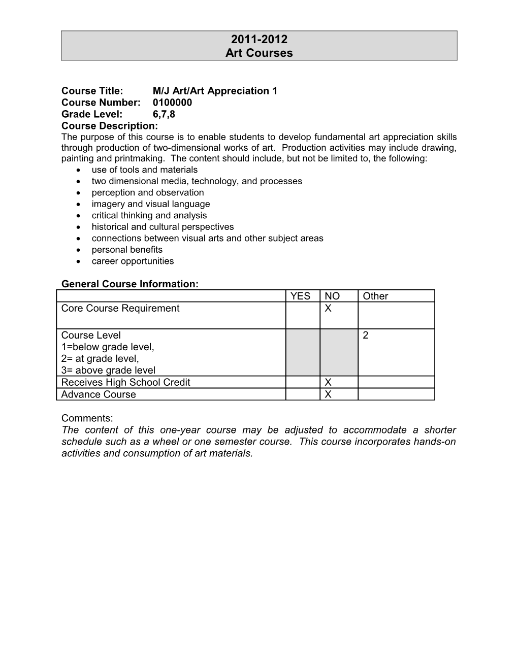 Course Title: M/J Art/Art Appreciation 1