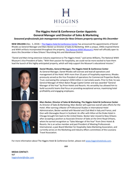 The Higgins Hotel & Conference Center Appoints General Manager