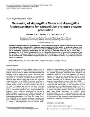 Screening of Aspergillus Flavus and Aspergillus Fumigatus Strains for Extracellular Protease Enzyme Production