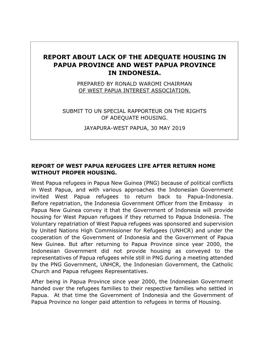 Report About Lack of the Adequate Housing in Papua Province and West Papua Province in Indonesia