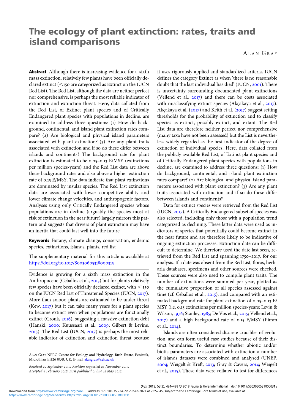 The Ecology of Plant Extinction: Rates, Traits and Island Comparisons