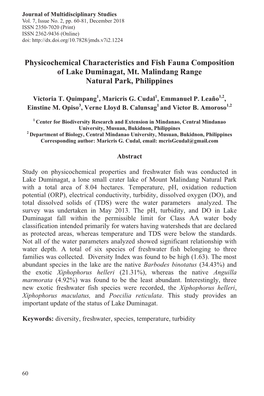 Physicochemical Characteristics and Fish Fauna Composition of Lake Duminagat, Mt