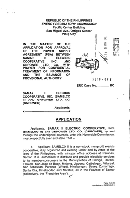 APPLICATION for APPROVAL U, of the POWER SUPPLY AGREEMENT (PSA) BETWEEN SAMAR II ELECTRIC -I COOPERATIVE INC