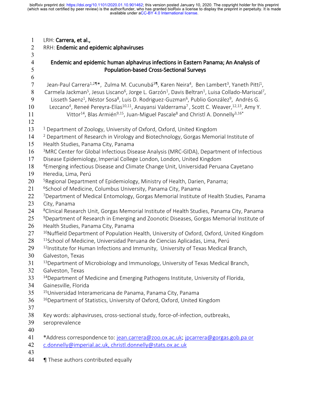 Endemic and Epidemic Human Alphavirus Infections in Eastern Panama; an Analysis of 5 Population-Based Cross-Sectional Surveys 6 7 Jean-Paul Carrera1,2¶*, Zulma M