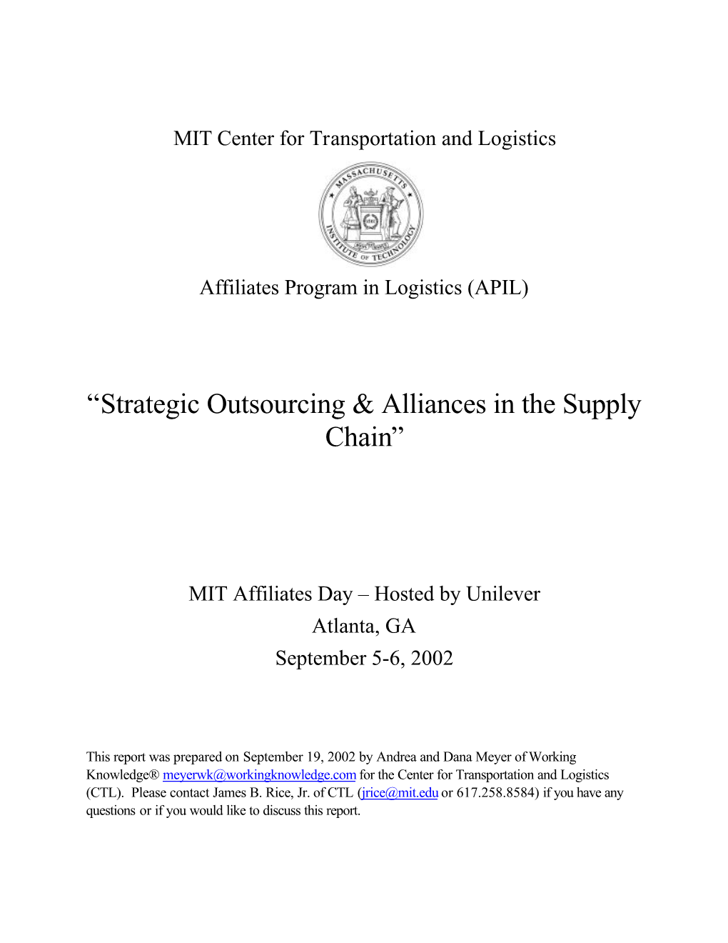 “Strategic Outsourcing & Alliances in the Supply Chain”