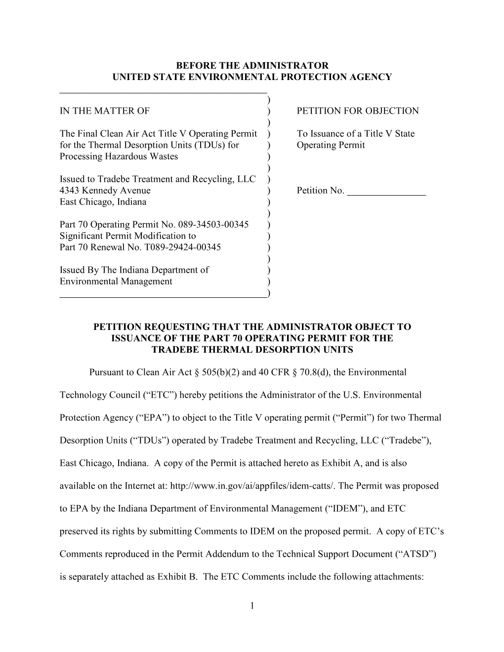 2015 Petition Requesting the Administrator Object to Title V