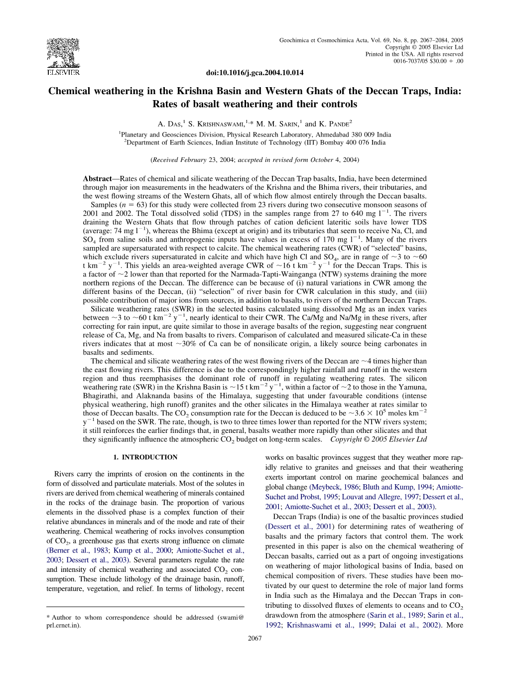 Chemical Weathering in the Krishna Basin and Western Ghats of the Deccan Traps, India: Rates of Basalt Weathering and Their Controls