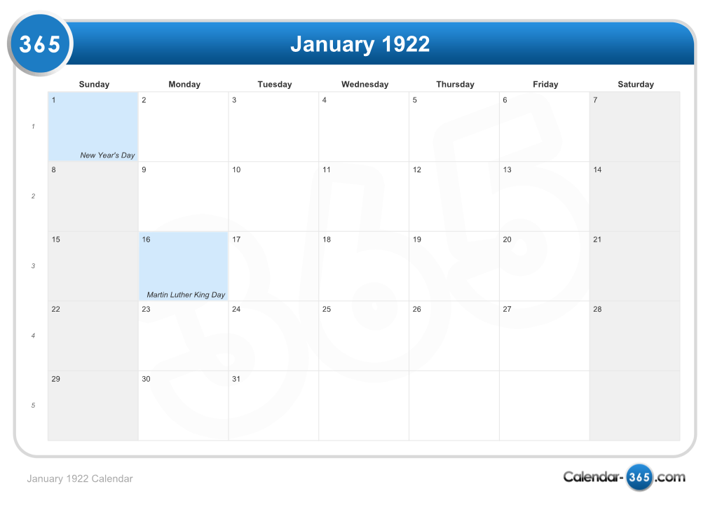 Month Calendar 1922 & Holidays 1922