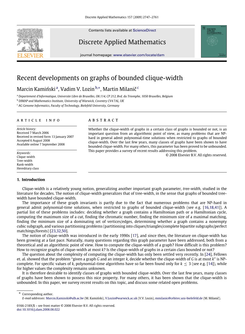 Discrete Applied Mathematics Recent Developments on Graphs Of