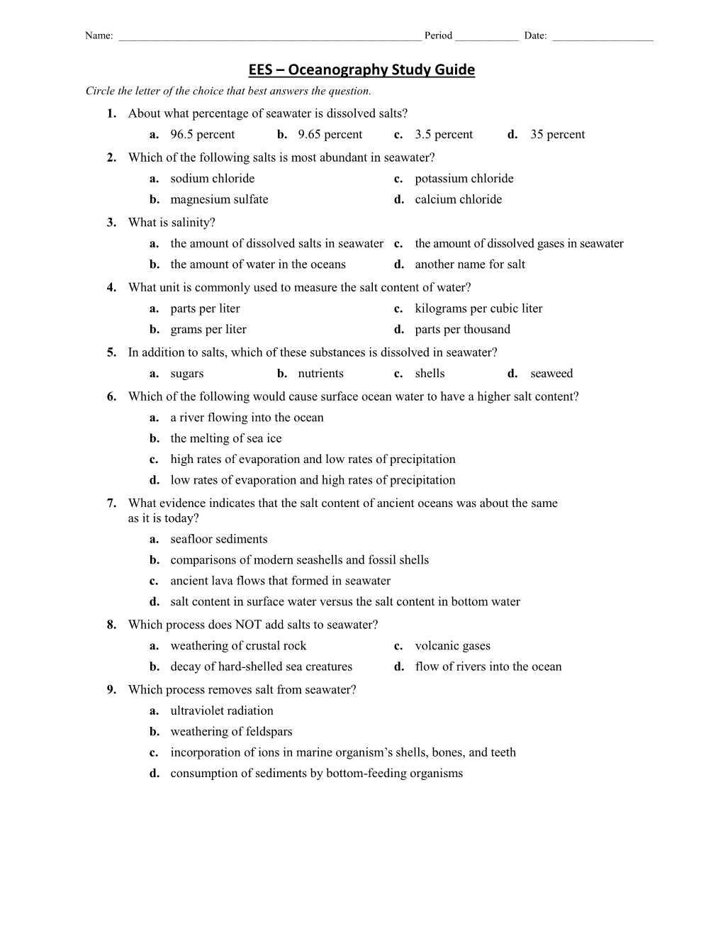 EES – Oceanography Study Guide Circle the Letter of The15 Choice That Best Answers the Question