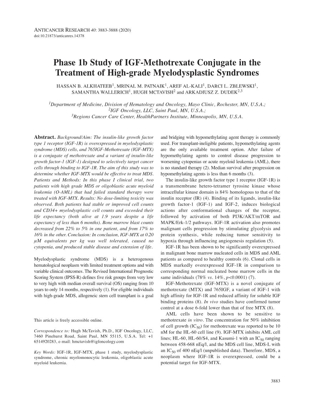 Phase 1B Study of IGF-Methotrexate Conjugate in the Treatment of High-Grade Myelodysplastic Syndromes HASSAN B