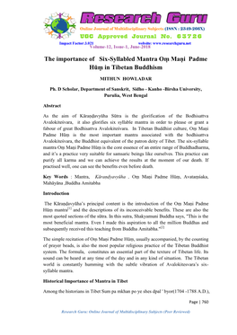The Importance of Six-Syllabled Mantra Oṃ Maṇi Padme Hūṃ in Tibetan Buddhism