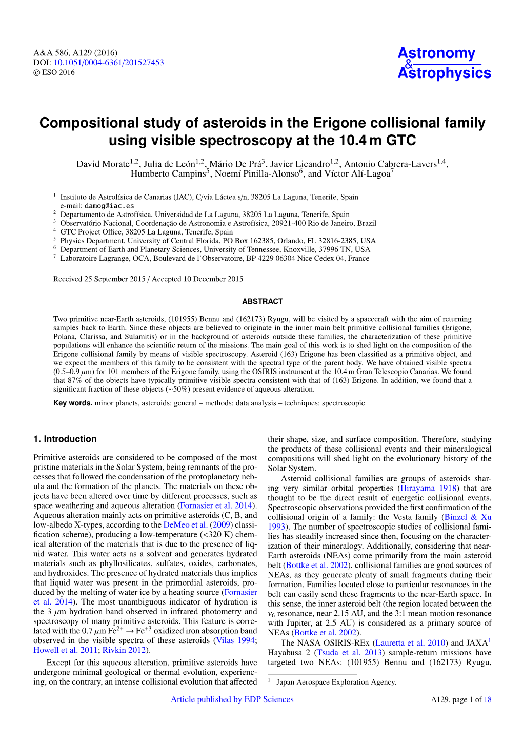 Compositional Study of Asteroids in the Erigone Collisional Family Using Visible Spectroscopy at the 10.4 M GTC