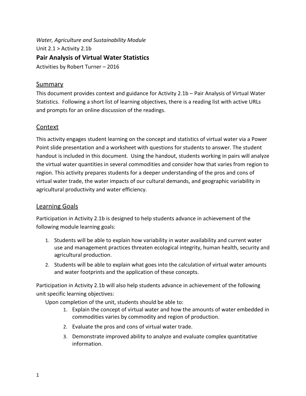 Water, Agriculture and Sustainability Module s1