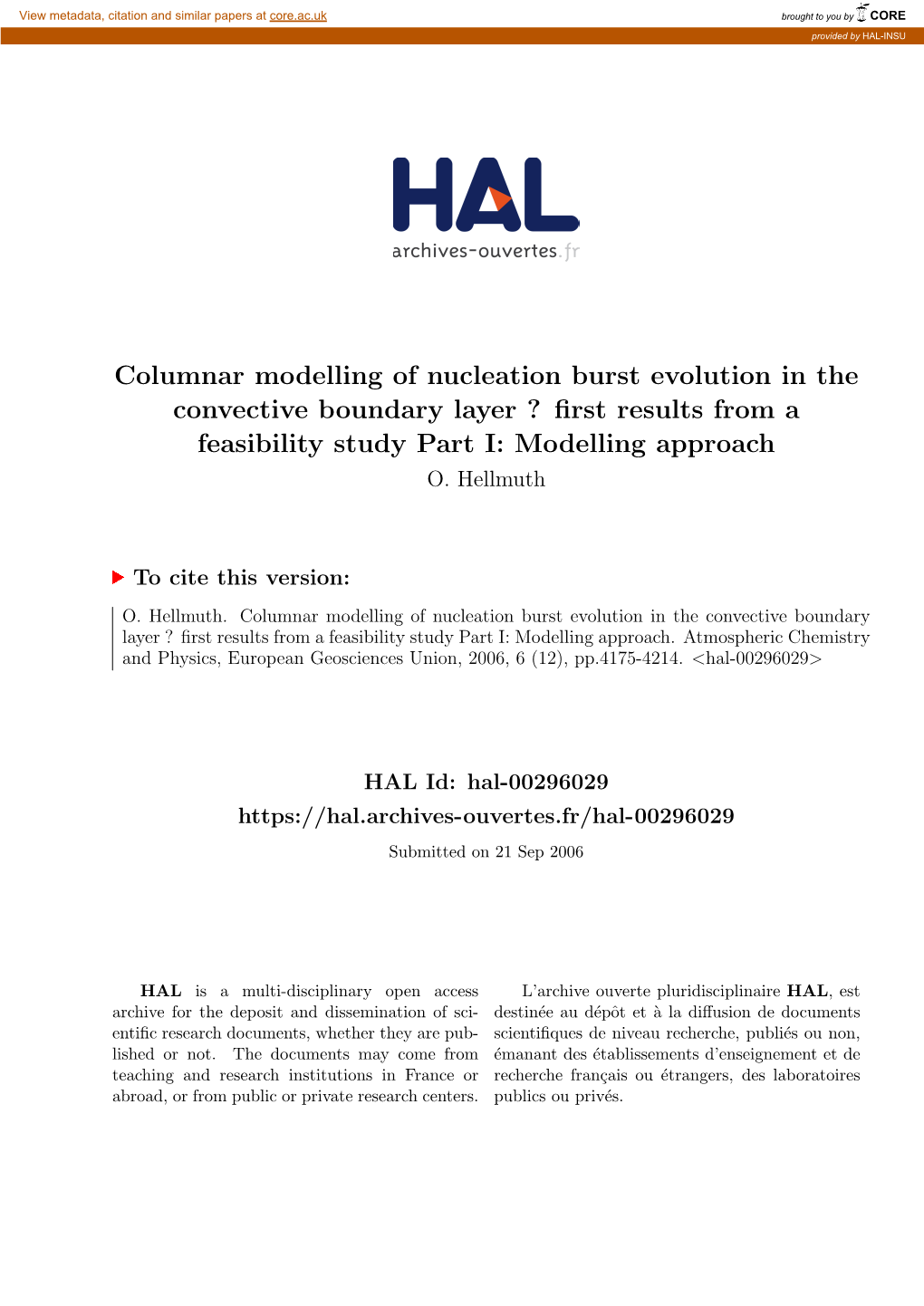 Columnar Modelling of Nucleation Burst Evolution in the Convective Boundary Layer ? ﬁrst Results from a Feasibility Study Part I: Modelling Approach O