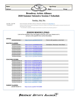 Broadway Artists Alliance 2020 Summer Intensive Session 3 Schedule