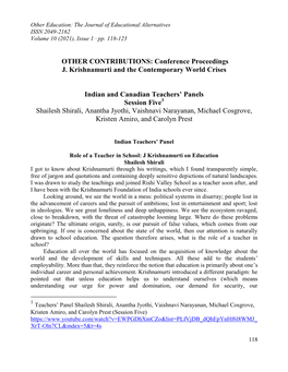 Conference Proceedings J. Krishnamurti and the Contemporary World Crises Indian and Canadian Teachers' Pa