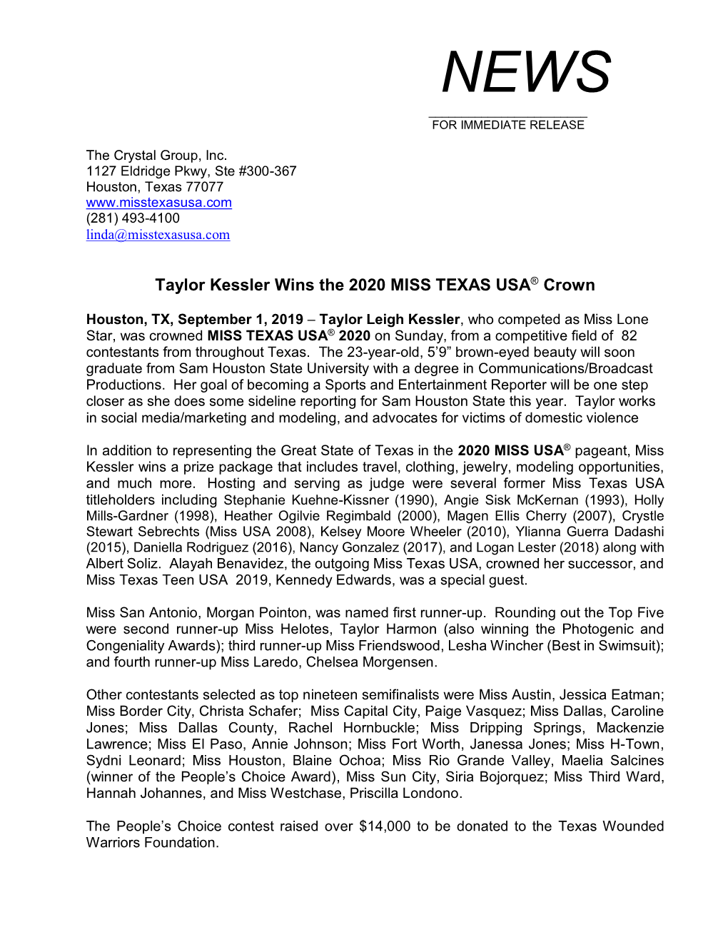 Taylor Kessler Wins the 2020 MISS TEXAS USA® Crown