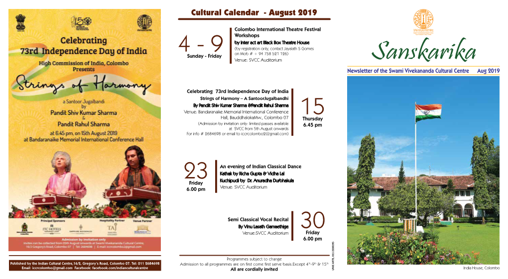 Sanskarika Newsletter of the Swami Vivekananda Cultural Centre Aug 2019