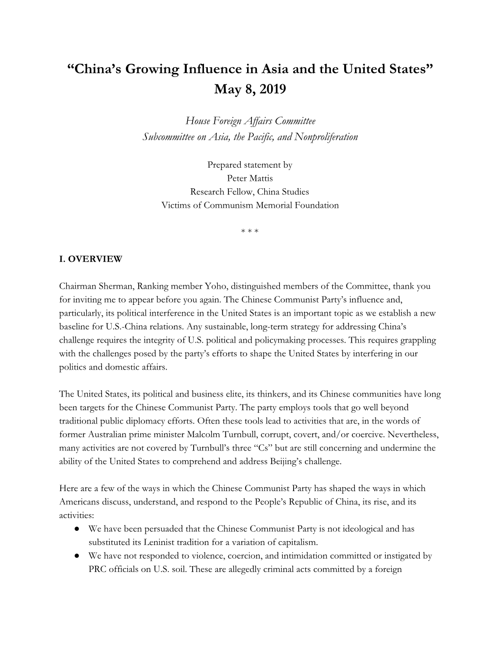 “China's Growing Influence in Asia and the United States” May 8, 2019