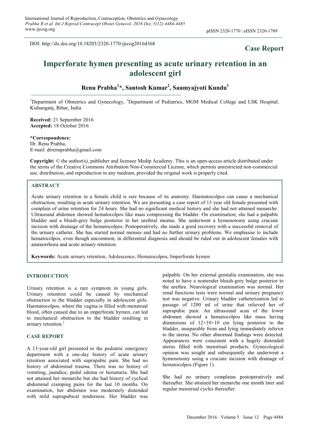 Imperforate Hymen Presenting As Acute Urinary Retention in an Adolescent Girl