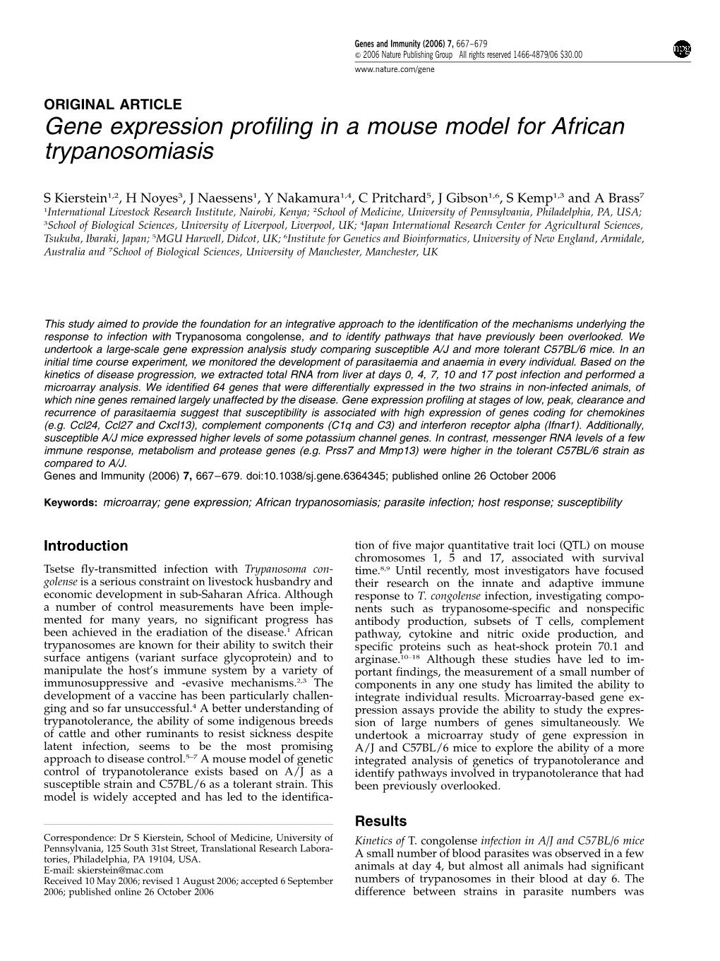 Gene Expression Profiling in a Mouse Model for African Trypanosomiasis