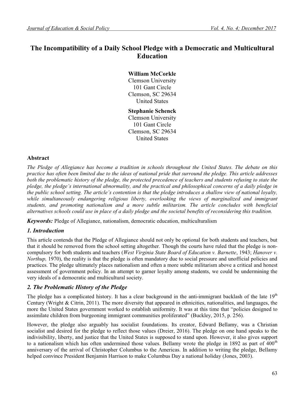 The Incompatibility of a Daily School Pledge with a Democratic and Multicultural Education