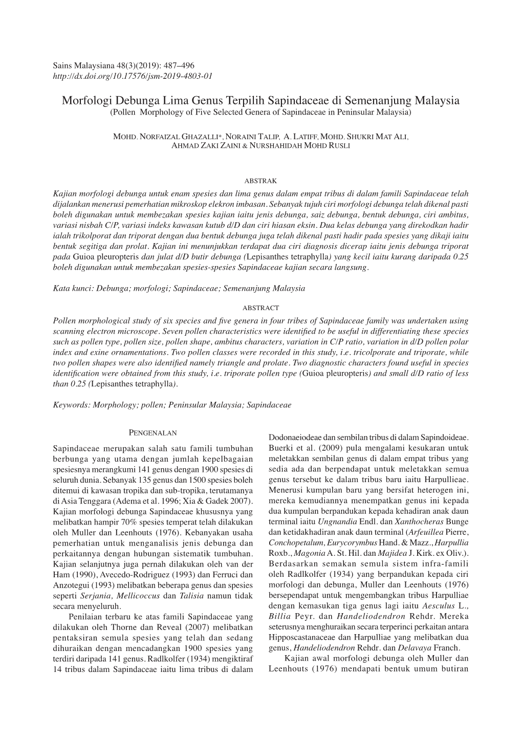 Morfologi Debunga Lima Genus Terpilih Sapindaceae Di Semenanjung Malaysia (Pollen Morphology of Five Selected Genera of Sapindaceae in Peninsular Malaysia)