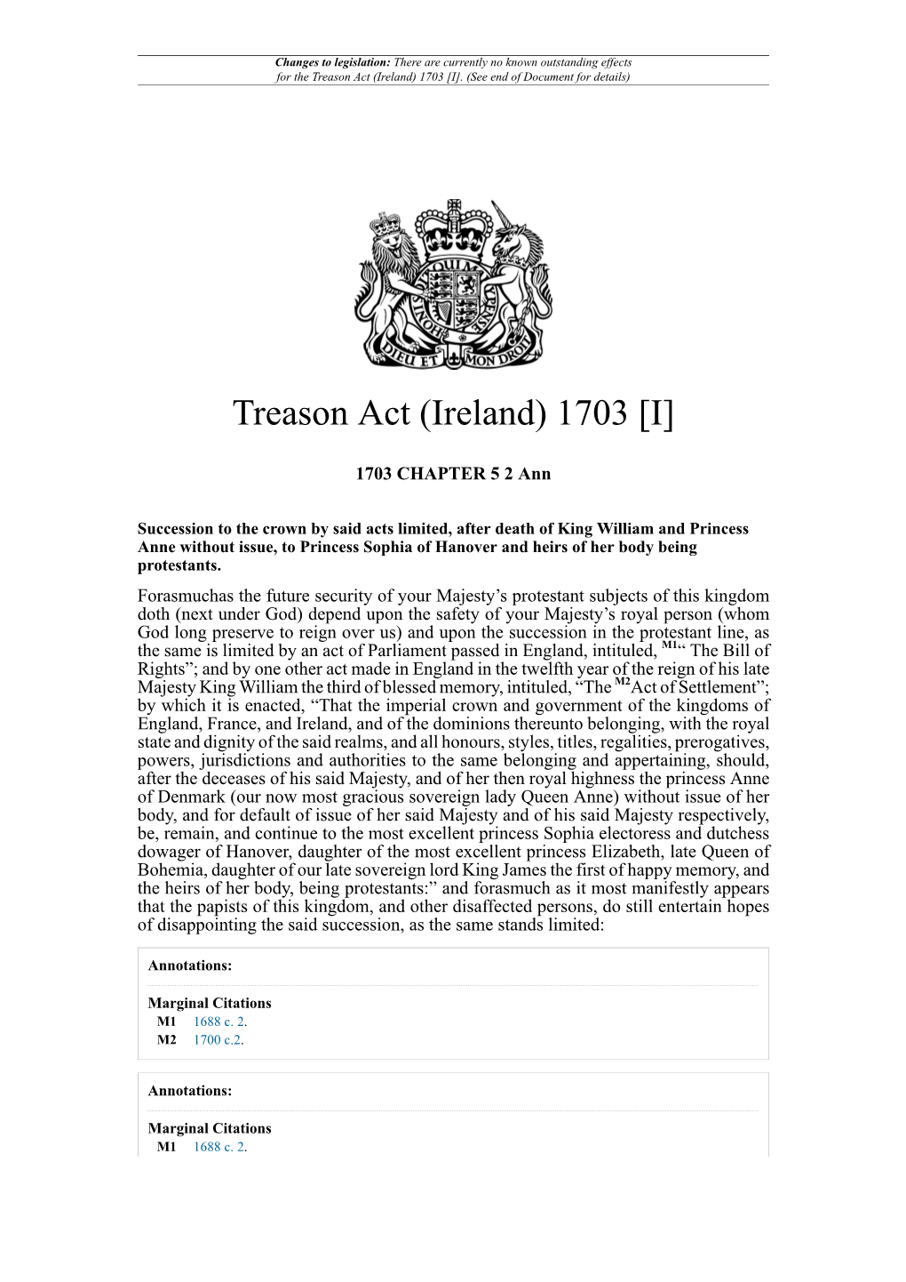 Treason Act (Ireland) 1703 [I]