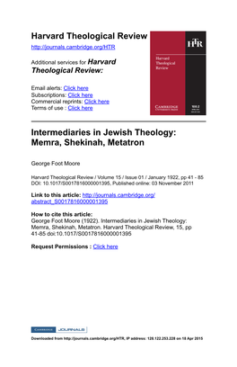 Harvard Theological Review Intermediaries in Jewish Theology