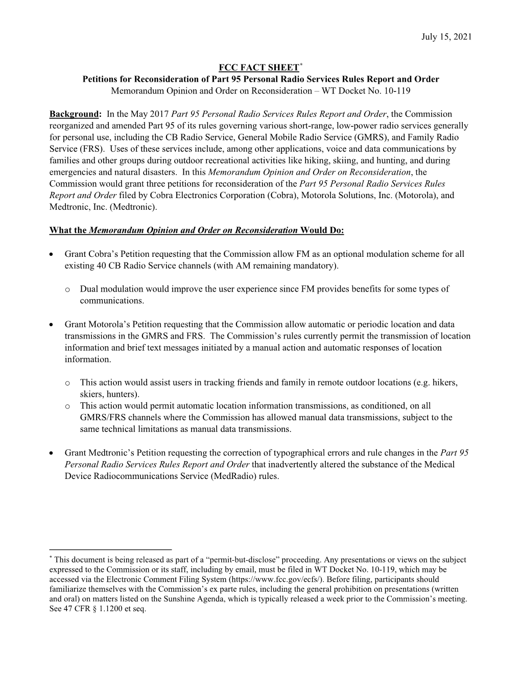 Petitions for Reconsideration of Part 95 Personal Radio Services Rules Report and Order Memorandum Opinion and Order on Reconsideration – WT Docket No