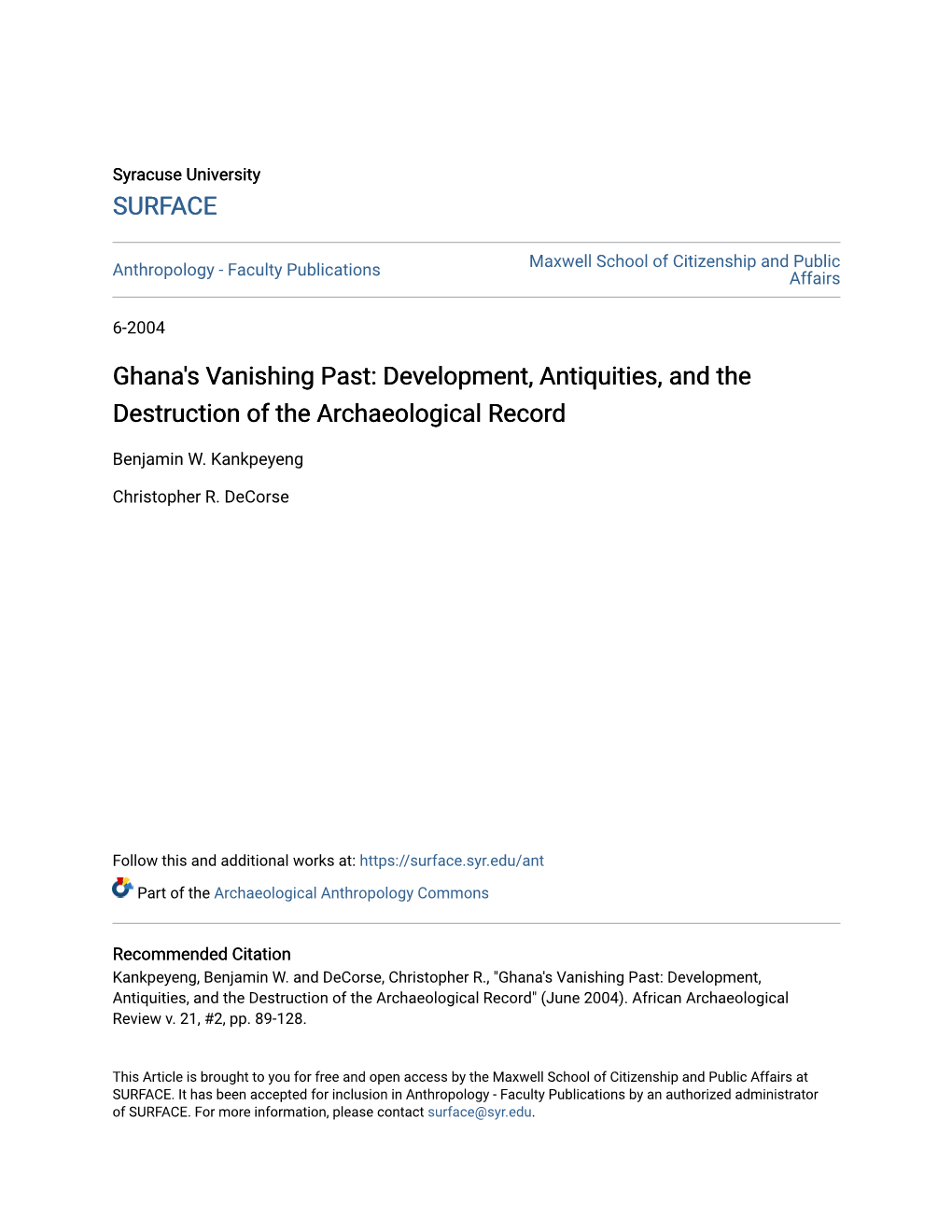 Ghana's Vanishing Past: Development, Antiquities, and the Destruction of the Archaeological Record