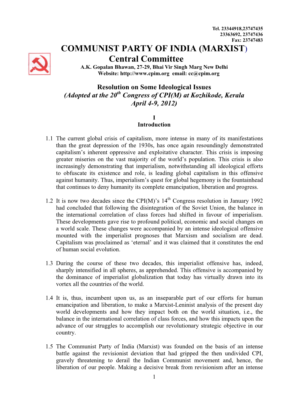 COMMUNIST PARTY of INDIA (MARXIST) Central Committee A.K