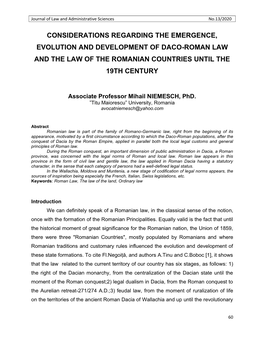 Considerations Regarding the Emergence, Evolution and Development of Daco-Roman Law and the Law of the Romanian Countries Until the 19Th Century