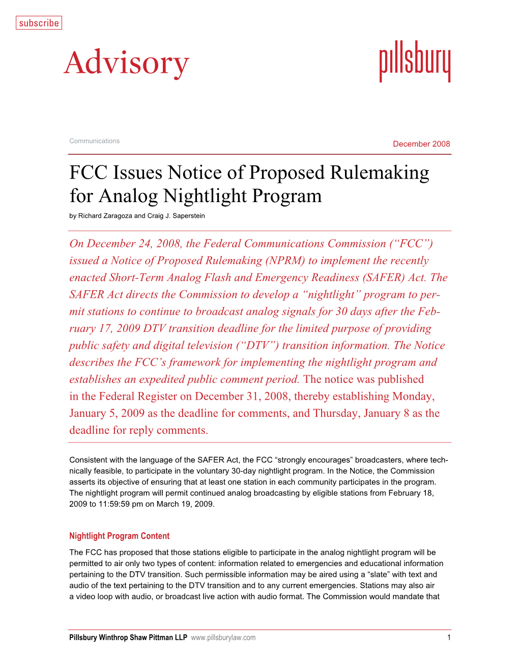 FCC Issues Notice of Proposed Rulemaking for Analog Nightlight Program by Richard Zaragoza and Craig J