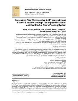 Increasing Rice (Oryza Sativa L.) Productivity and Farmer’S Income Through the Implementation of Modified Double Rows Planting System