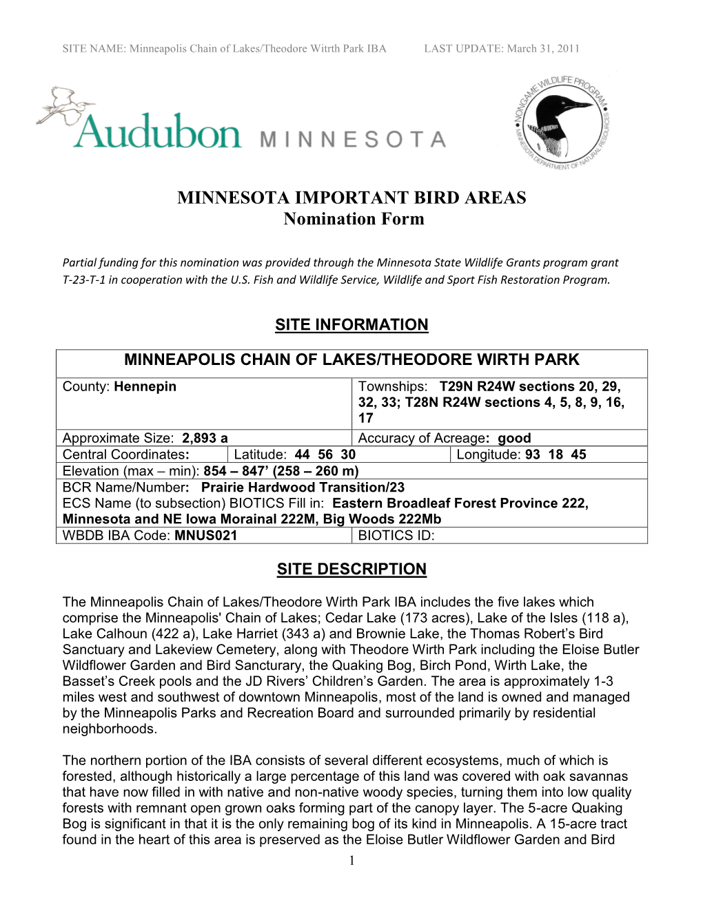 MINNESOTA IMPORTANT BIRD AREAS Nomination Form