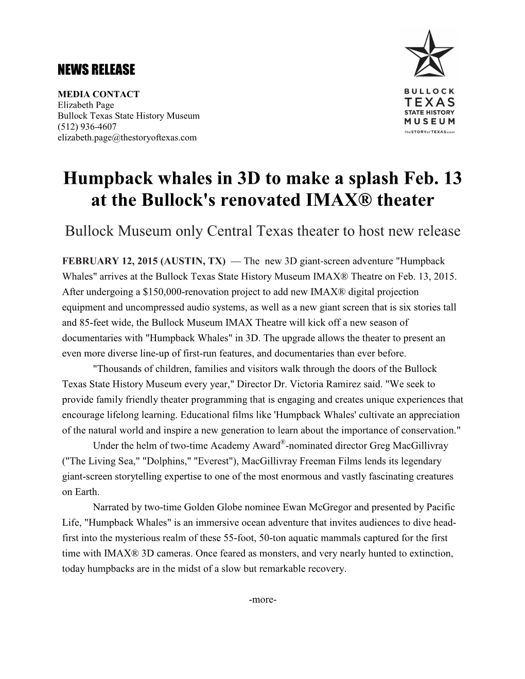 Humpback Whales in 3D to Make a Splash Feb. 13 at the Bullock's Renovated IMAX® Theater