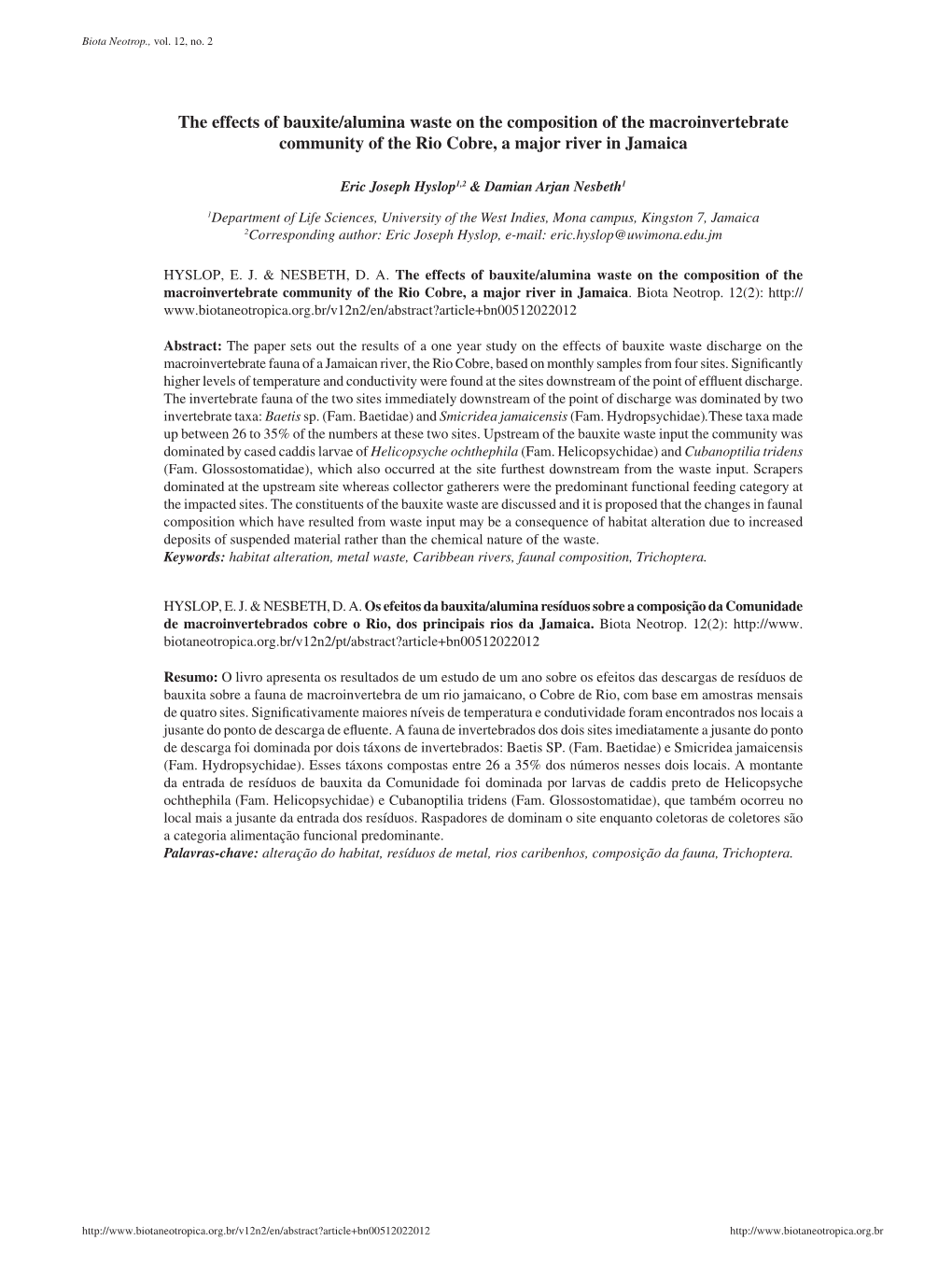 The Effects of Bauxite/Alumina Waste on the Composition of the Macroinvertebrate Community of the Rio Cobre, a Major River in Jamaica