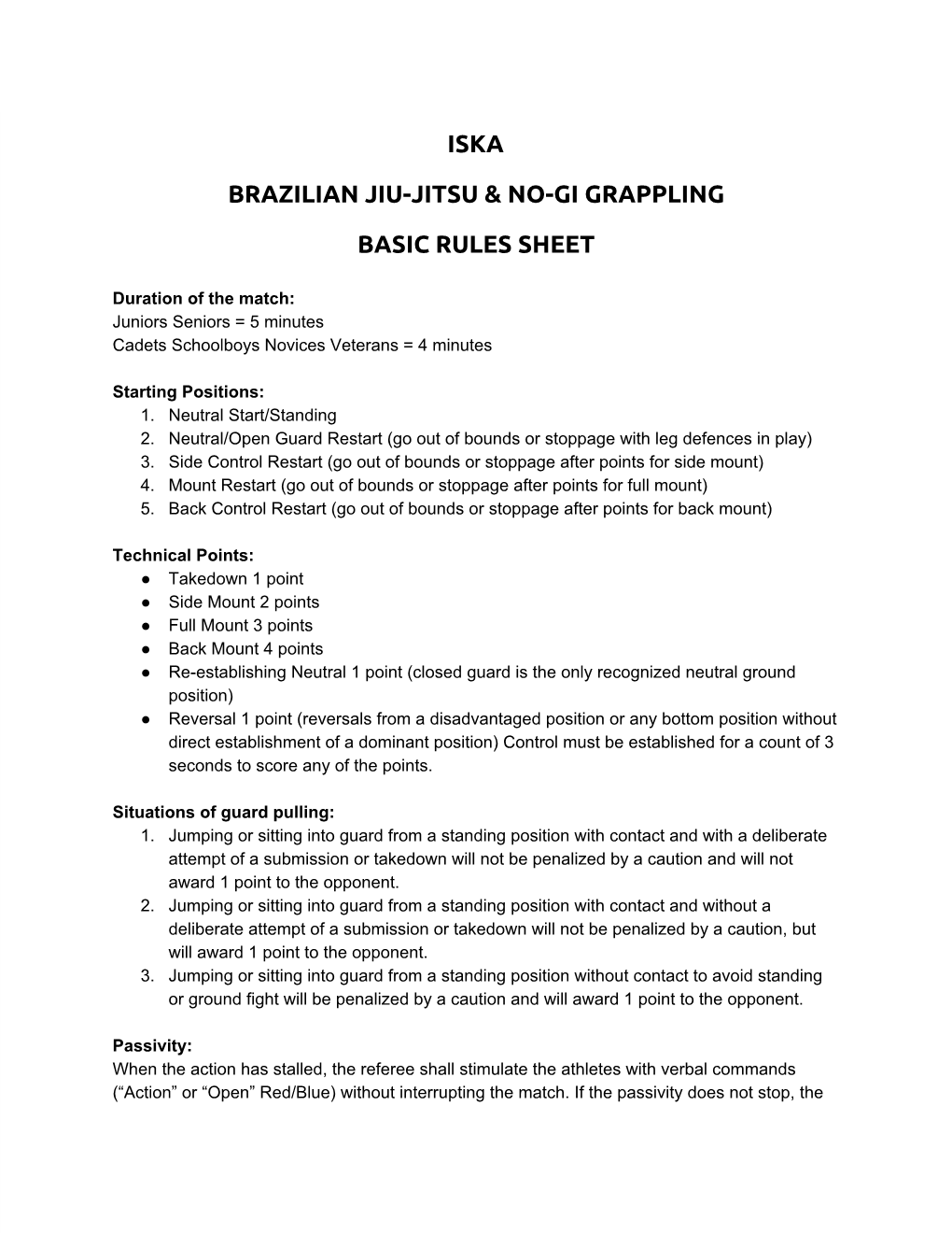 Iska Brazilian Jiu-Jitsu & No-Gi Grappling Basic Rules Sheet