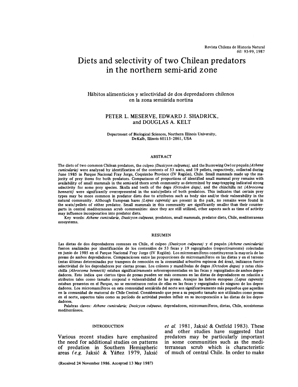 Diets and Selectivity of Two Chilean Predators in the Northern Semi-Arid Zone