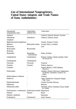 List of International Nonproprietary, United States Adopted, and Trade Names of Some Anthelmintics
