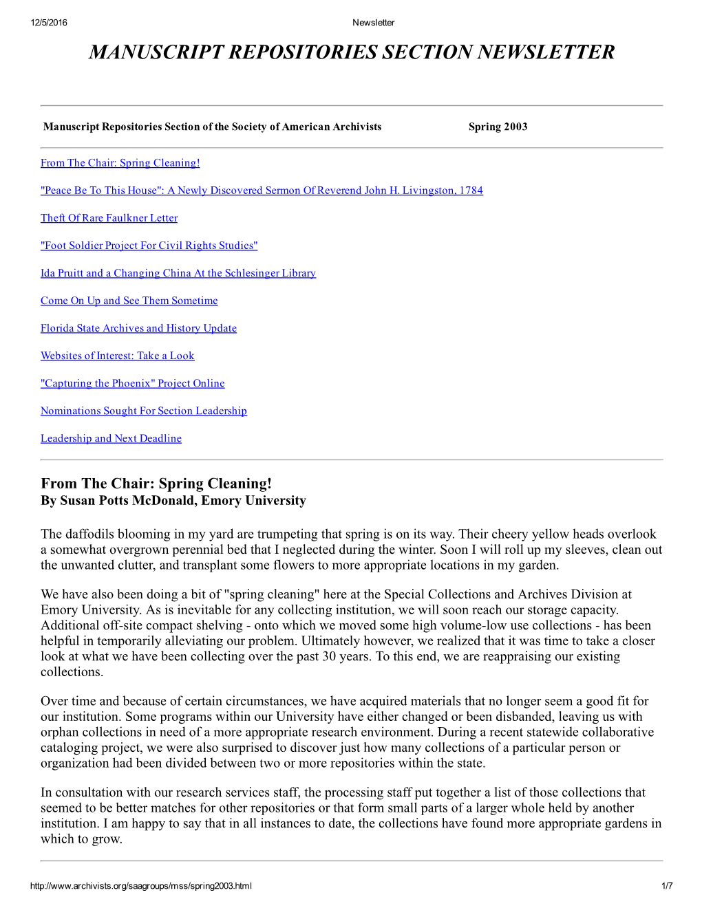 Manuscript Repositories Section Newsletter