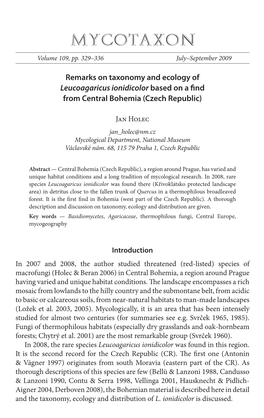 Remarks on Taxonomy and Ecology of &lt;I&gt;Leucoagaricus Ionidicolor&lt;/I
