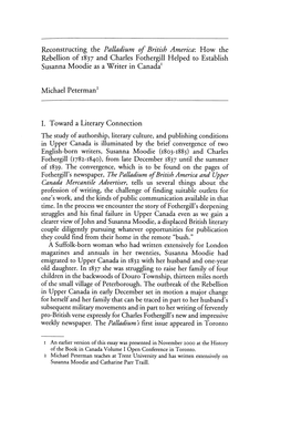 Reconstructing the Pallaedium of British America: How the Rebellion of I837 and Charles Fothergill Helped to Establish Susanna Moodie As a WS~Riter in Canada'